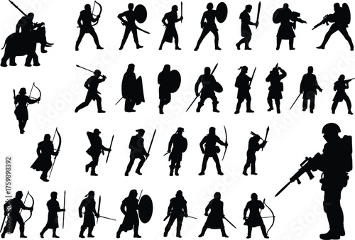Warrior silhouette collection, ancient and modern combat figures, black vector icons of soldiers, archers, fantasy fighters, isolated battle character design