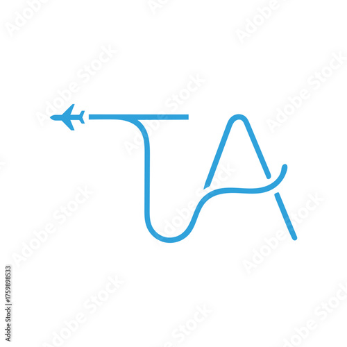Blue airplane flying on a path forming letters T and A flight travel