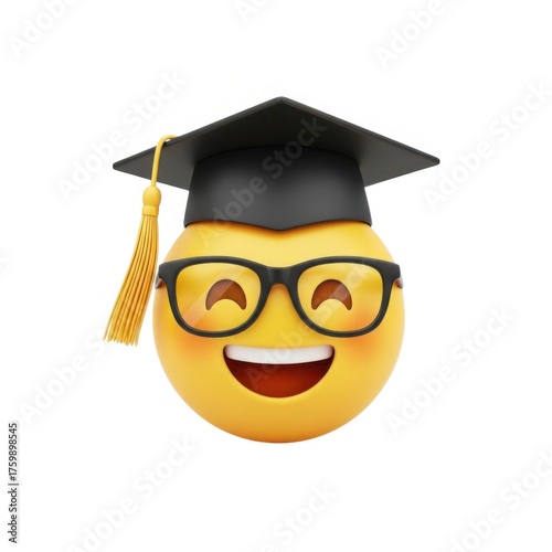 Joyful graduate emoji with glasses on isolated on white background