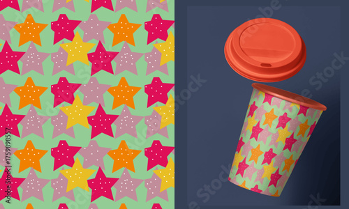 Vibrant Seamless Star Pattern with Spotted Texture on Mint Background