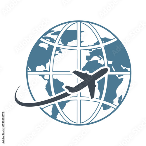 Dark blue airplane flying around a blue globe with continents world travel