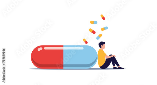 A person sits next to a large pill with smaller pills falling from above.
