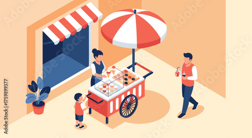 A vendor sells refreshing ice cream from a cart on a sunny day.