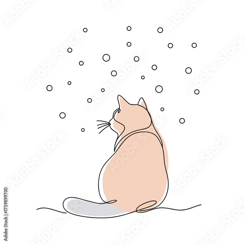 Cat sitting and watching snowfall in winter weather  