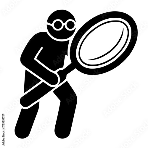 Modern flat design of a person holding a magnifying glass, symbolizing research, investigation, and careful analysis for data, clues, or solutions