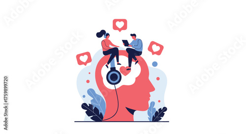 Creative illustration of people using technology and social media influencing minds.