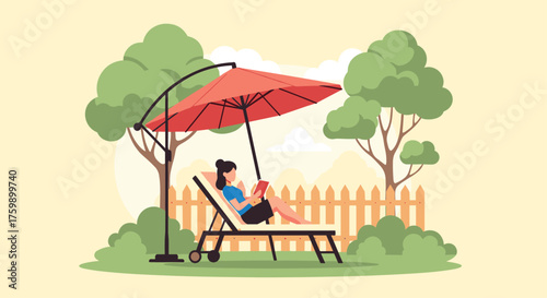 A woman relaxing on a lounge chair under a patio umbrella reading a book.