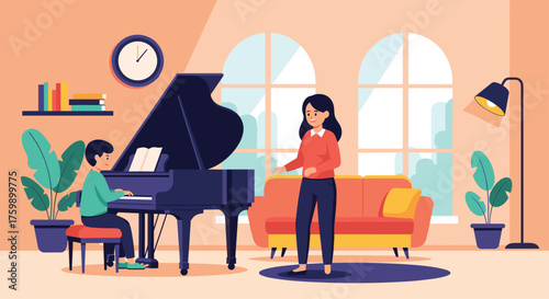 A mother teaches her son to play the piano at home.