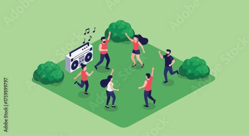 People dancing in a park to music from a boombox.