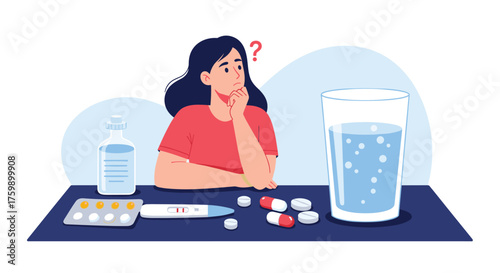 A woman wonders about pregnancy test and pills.