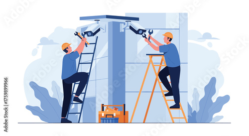 Professional installation of security cameras by trained technicians on ladders.