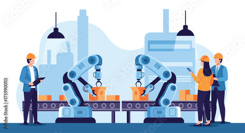 Robotic arms working on a modern manufacturing production line with engineers overseeing.
