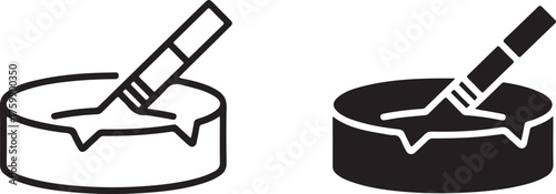 Knife cutting wood log icon outline and solid fill circular