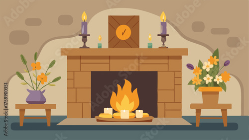 A cozy sitting area with a stone fireplace and a reclaimed wood beam as the mantel decorated with antique candlesticks and a wildflower arrangement.