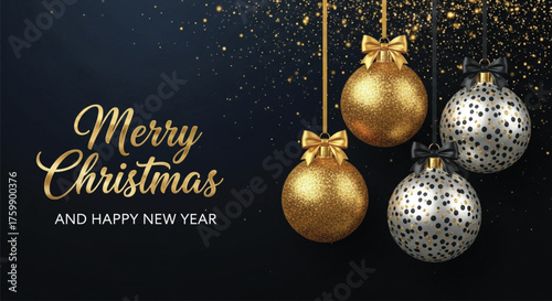 A festive Christmas illustration showcasing golden and silver baubles against a dark background, perfect for holiday greetings and adding sparkle to your designs. Merry Christmas!