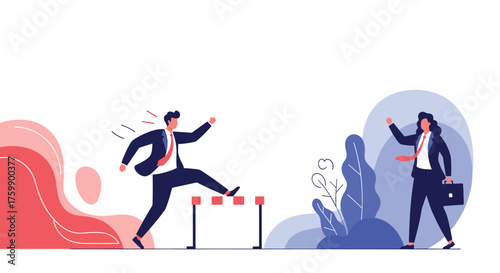 Man overcoming hurdle to reach woman.