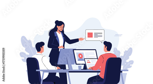 A professional woman leads a business meeting presentation to her team.