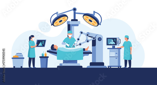 Robotic surgery assists medical professionals in advanced operating room.