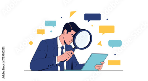 A businessman using a magnifying glass to examine documents and analyze data.