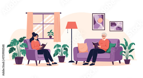 Two people reading books comfortably in a living room setting.