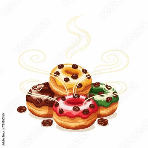 Glazed Donuts - Steaming multicolored donuts with raisins and sugar icing, with steam rising above them, a delicious vector dessert illustration, sweet flat design