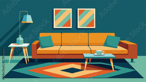 A family room with a modular sectional sofa and a vibrant geometric rug paired with a classic midcentury modern side table.