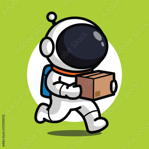 Cute Astronaut Carrying Box Cartoon Illustration for Delivery and Work Concept