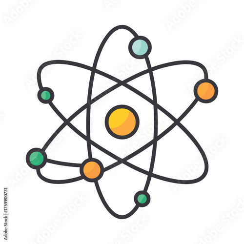Colorful stylized atom model with nucleus and orbiting electrons science education concept represented visually for learning and technology