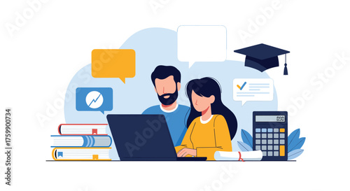 Students and teacher working together on a laptop with educational elements surrounding them.