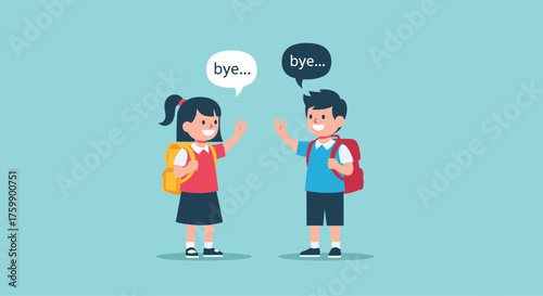 Two schoolchildren say goodbye to each other after school.