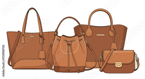 Suede and Leather Handbags Vector Set.Vector illustration of elegant handbags made from suede and leather, including tote and crossbody styles in caramel and mocha tones, autumn fashion accessory conc