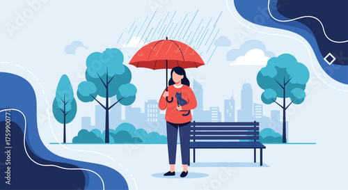 A woman holding a dog under a red umbrella on a rainy day in a park.