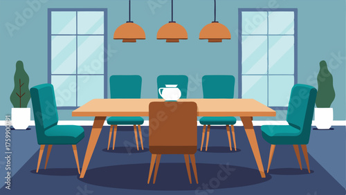A dining room with a reclaimed wood table surrounded by modern upholstered chairs.