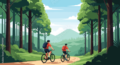 Two people cycling along a dirt path through a lush green forest.