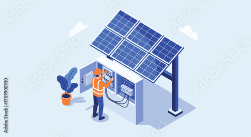 An engineer checks the solar panel system for efficiency and function.