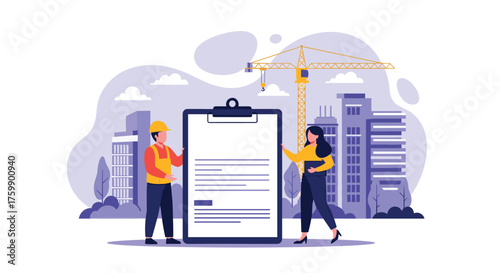 Construction workers reviewing plans on a clipboard with buildings and a crane in the background.