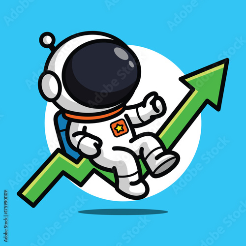 Cute Astronaut Holding Up Arrow Cartoon Illustration for Business and Success Concept