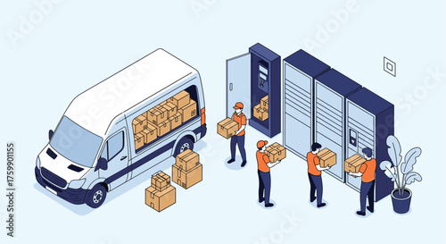 Delivery drivers are loading packages into a smart locker system.