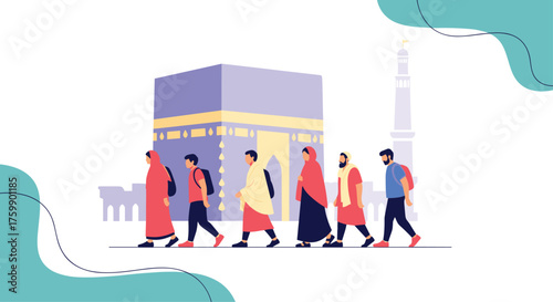 Pilgrims walking towards the Kaaba the holiest site in Islam.