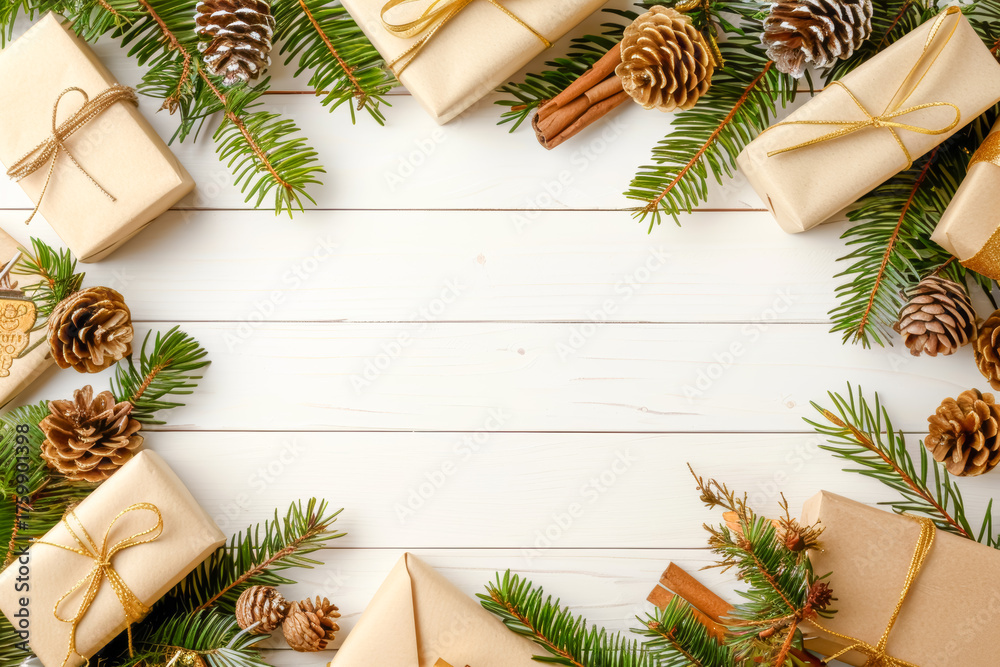 Fototapeta premium Elegant christmas envelope surrounded by golden gifts and pine branches on a light background