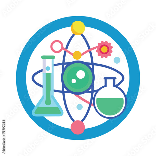 Modern science concept icon featuring atom model flasks beakers and molecular structure symbolizing chemistry and physics research innovation