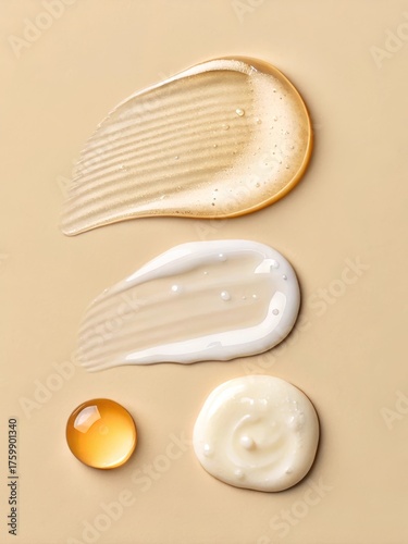 Vertical Arrangement of Facial Oil, Cream and Gel – Soft Beige Background, Diffused Lighting 
