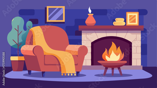 A cozy fireplace with plush chairs and a soft throw blanket for chilly days.