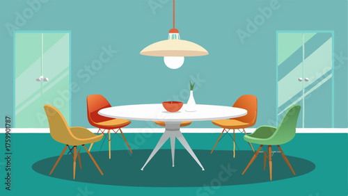 A dining room featuring a round glass table with a brass base surrounded by Eamesstyle molded plastic chairs in various bright colors. The walls are painted a cool retro mint green