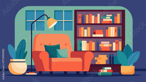 A cozy reading nook with a plush armchair and floortoceiling bookshelves.