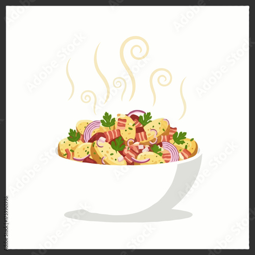 Warm, fragrant potato salad with bacon and red onion, flat design vector illustration, hearty side dish