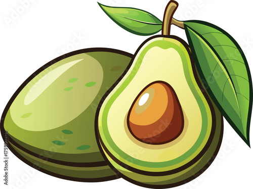Vector art of two ripe avocados, one whole and one halved, showcasing their vibrant green flesh and large brown pit, isolated on a