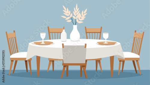 A dining table set with crisp white linens simple wooden chairs and a ceramic vase filled with dried eucalyptus branches.