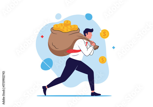 A person is running with a bag full of money and coins flying around.