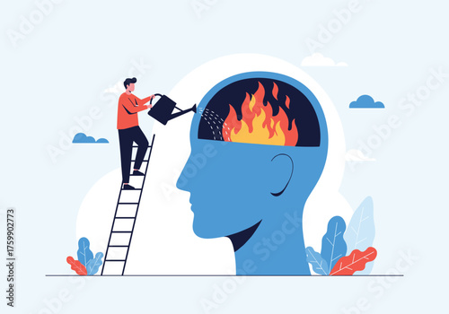 A person waters a burning brain to put out the fire.